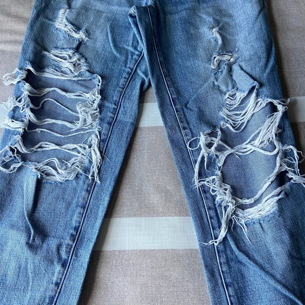EUC Distressed Boyfriend Jeans with Heavy Rip Detail (Light Wash, Cuffed Hem) 27 - Picture 3 of 8
